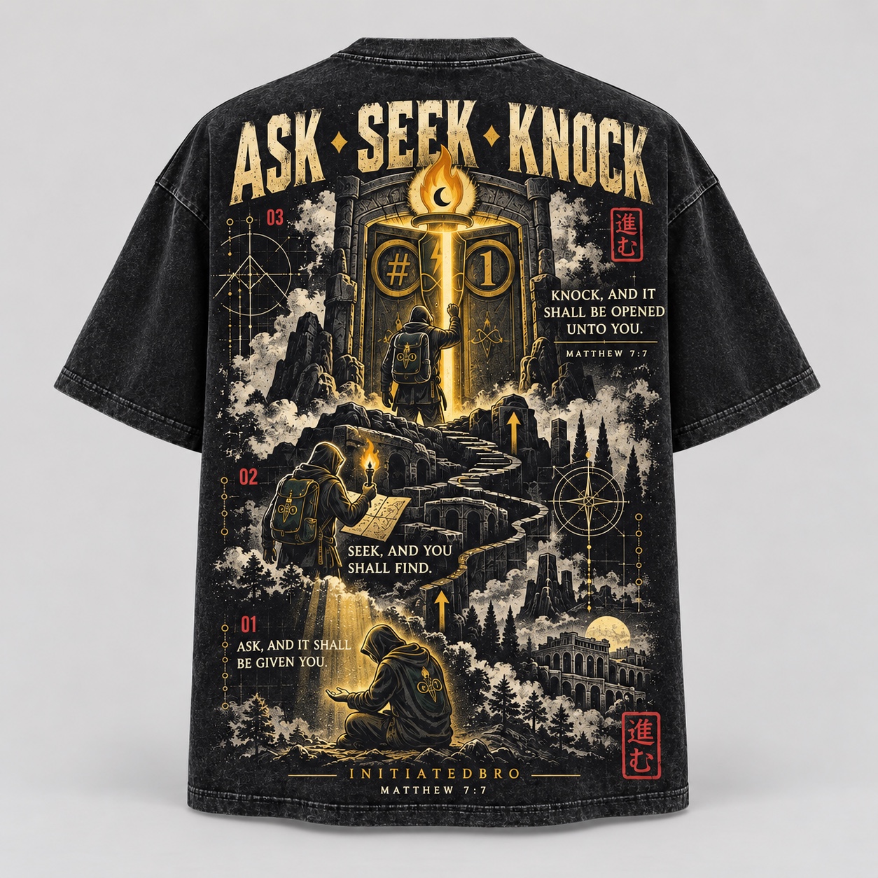 Ask. Seek. Knock. graphic tee, full back view