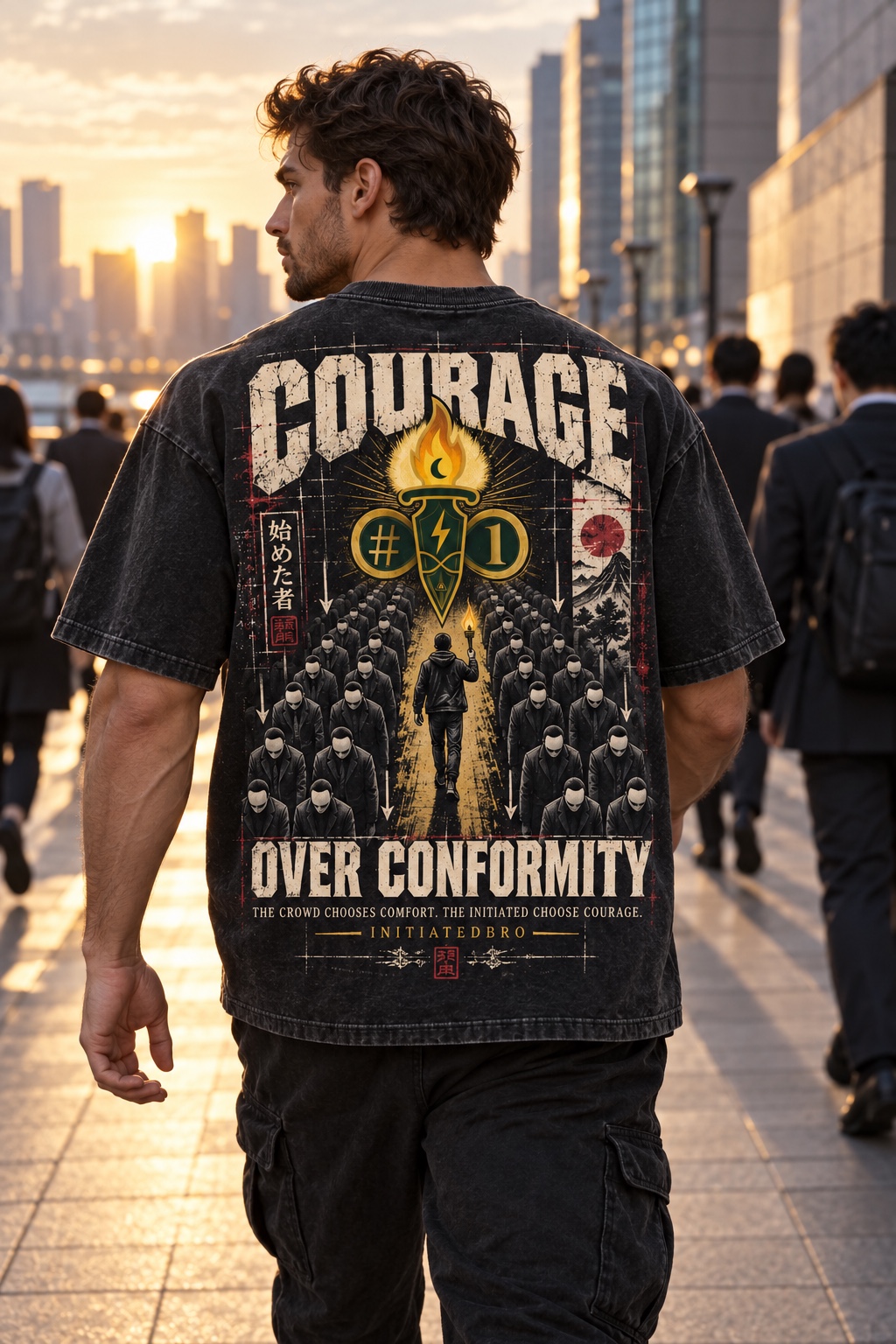 Model wearing the Courage over conformity graphic tee, back view
